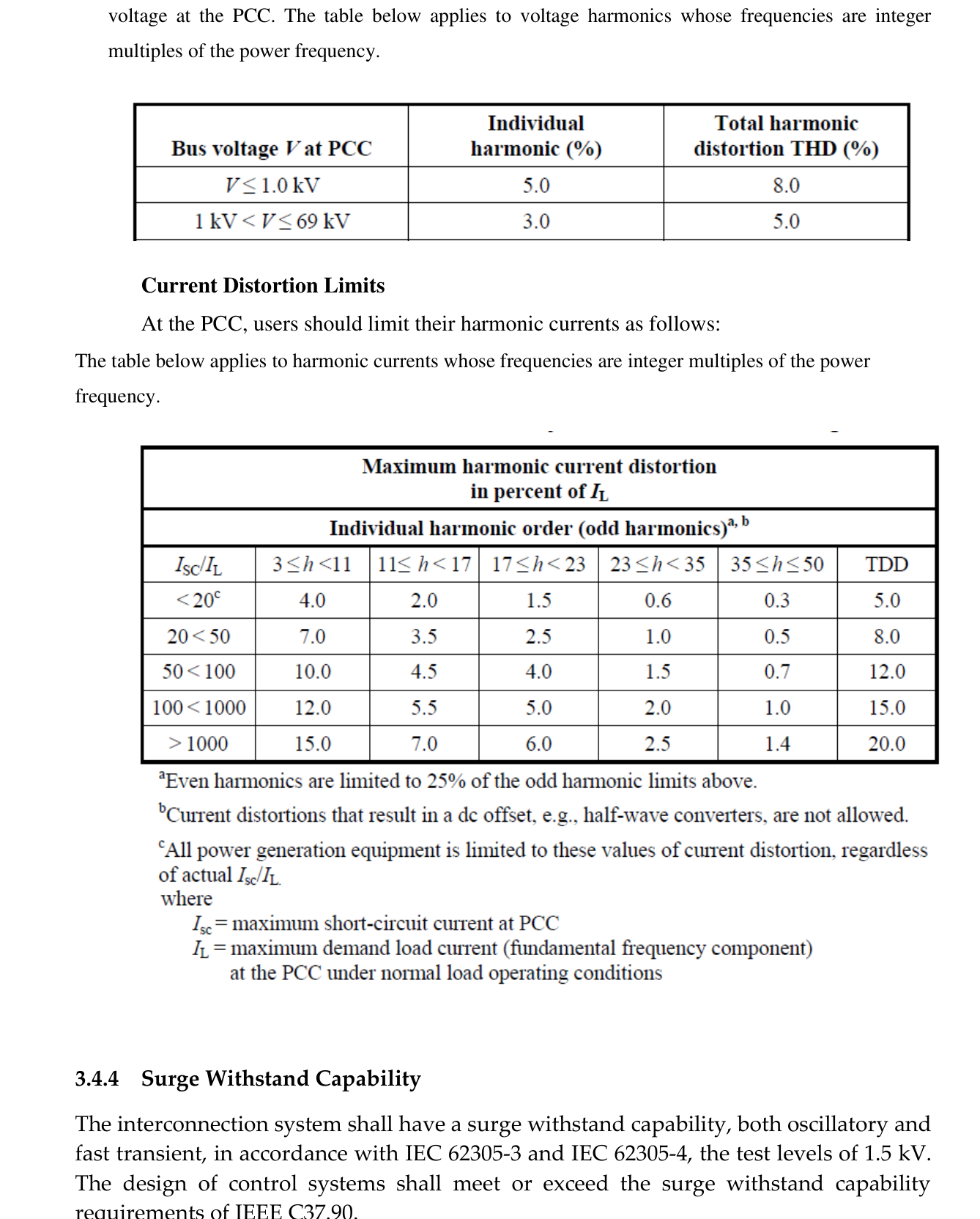 Harmonic voltage limits and current distortion limits tables (IEEE 519)